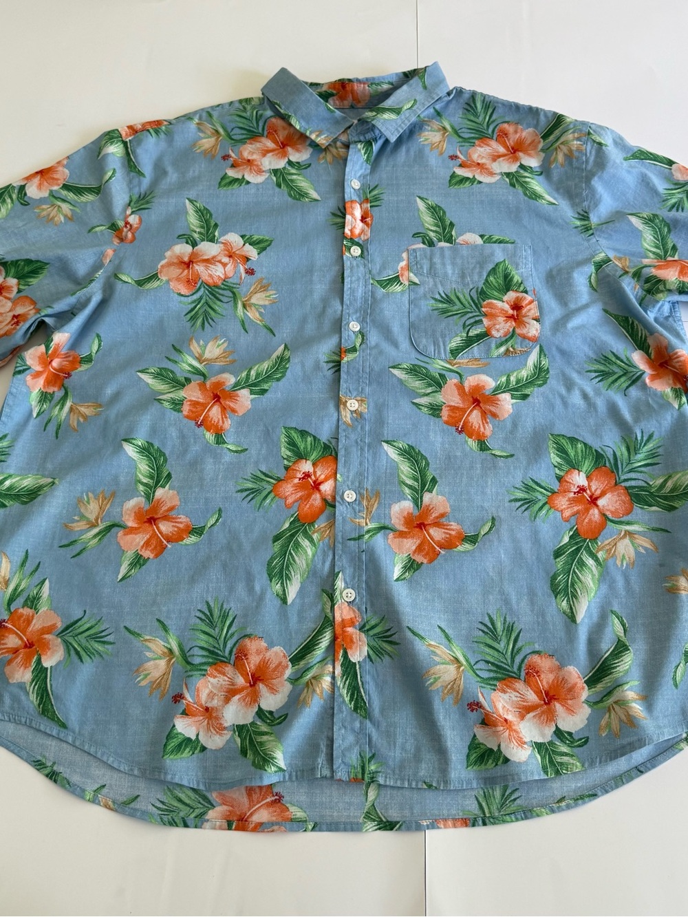 Old Navy Built-In Flex Tropical Floral Hibiscus Shirt Blue Short Sleeve Men XXL